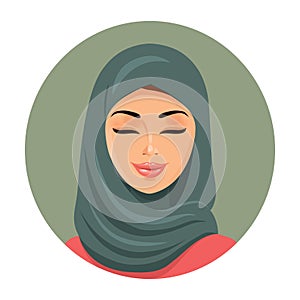 Muslim fashion woman closing her eyes. Arab woman icon portrait in hijab. Asian muslim traditional hijab. Vector illustration.