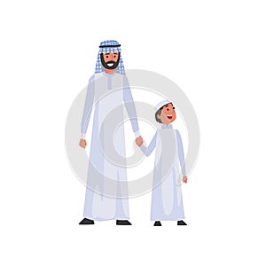 Muslim Father and His Son, Happy Arab Family in Traditional Clothes Vector Illustration