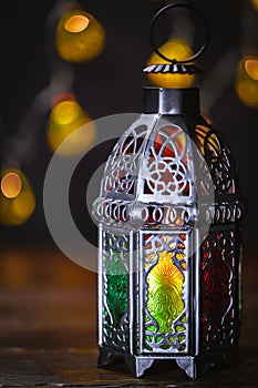 The Muslim feast of the holy month of Ramadan Kareem. Beautiful background with a shining lantern Fanus.