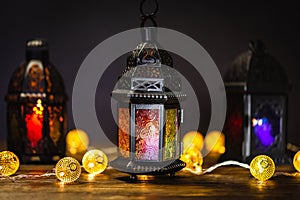 The Muslim feast of the holy month of Ramadan Kareem. Beautiful background with a shining lantern Fanus.