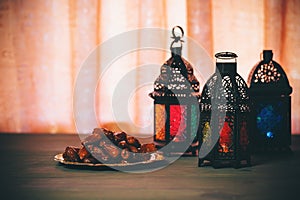 The Muslim feast of the holy month of Ramadan Kareem. Beautiful background with a shining lantern Fanus.