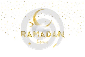 Muslim feast of the holy month of Ramadan Kareem. Greeting card template with crescent moon and cloud with light effects. Flat