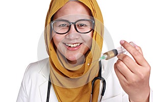 Muslim Female Doctor Holding Injection Syringe