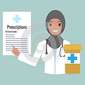 Muslim female doctor with Prescriptions and pills icon photo