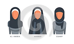 Muslim Female Headgears Set, Al-amira, Khimar, Esarp Headdress Flat Vector Illustration