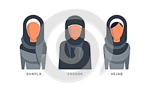 Muslim Female Headgears Set, Shayla, Chador, Hijab Headdress Flat Vector Illustration