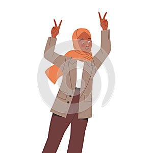 Muslim Female in Hijab Showing V Sign with Her Hands as Positive Peace Gesture Feeling Happiness and Excitement Vector