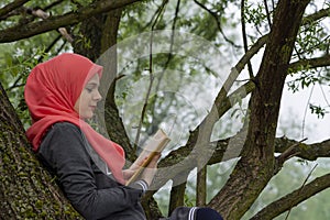 Muslim female student reading a book in nature, outdoor