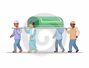 Muslim funeral, pallbearer carrying coffin to cemetry in islam religion cartoon illustration vector