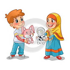 Muslim Girl and Boy Exchanging Gifts and Making Friends