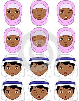 Muslim girl in a burqa and boy in a keffiyeh emotions: joy, surprise, fear, sadness, sorrow, crying, laughing, cunning wink