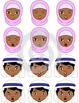 Muslim girl in a burqa and boy in a keffiyeh emotions: joy, surprise, fear, sadness, sorrow, crying, laughing, cunning wink