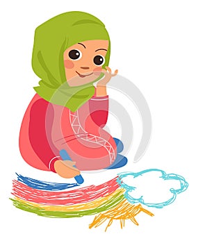 Muslim girl drawing rainbow in sky. Kid with color crayons