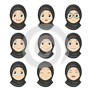 Muslim Girl Emotion Faces Cartoon.Women Expression Faces.