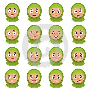 Muslim girl face expression, cartoon vector set isolated on white