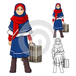 Muslim Girl Fashion Wearing Blue Red Veil or Scarf with Holding a Suitcase and Winter Outfit