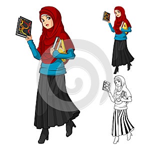 Muslim Girl Fashion Wearing Green Veil or Scarf with Yellow Jacket and Boots