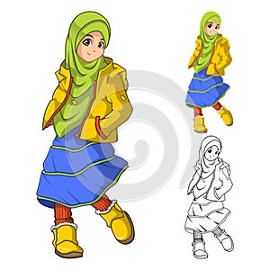 Muslim Girl Fashion Wearing Green Veil or Scarf with Yellow Jacket and Boots