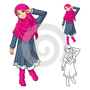 Muslim Girl Fashion Wearing Green Veil or Scarf with Yellow Jacket and Boots