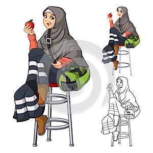 Muslim Girl Fashion Wearing Green Veil or Scarf with Yellow Jacket and Boots