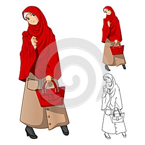 Muslim Girl Fashion Wearing Green Veil or Scarf with Yellow Jacket and Boots