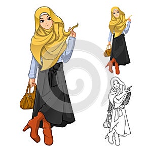 Muslim Girl Fashion Wearing Green Veil or Scarf with Yellow Jacket and Boots