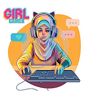 Muslim girl gamer or streamer with cat ears headset sits in front of a computer