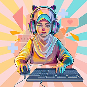 Muslim girl gamer or streamer with cat ears headset sits in front of a computer