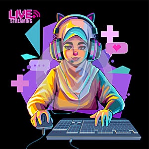 Muslim girl gamer or streamer with cat ears headset sits in front of a computer