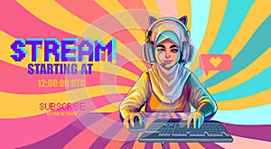 Muslim girl gamer or streamer with cat ears headset sits in front of a computer