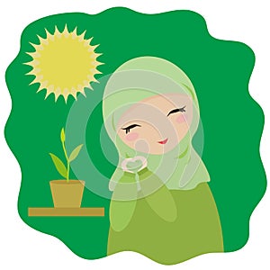 Muslim girl grows a plant. Vector illustration.