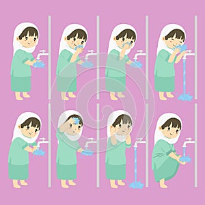 Muslim Girl Perform Ablution Steps Vector Collection