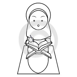 Muslim Girl Read Al Qur`an Cute Line Art Illustration