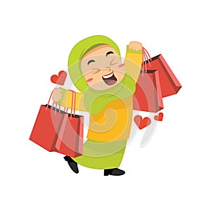 muslim girl with shopping bag. Vector illustration decorative design