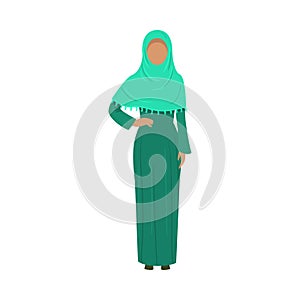 Muslim girl in a traditional ethnic green hijab. Vector illustration in flat cartoon style.