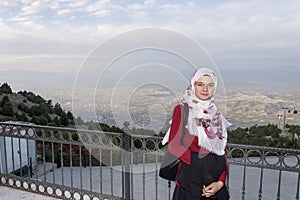 Muslim girl at visit of Bagbasi Plateu in Denizli city
