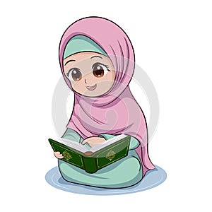Muslim girl wearing Hijab Muslim clothing, reciting, reading Koran