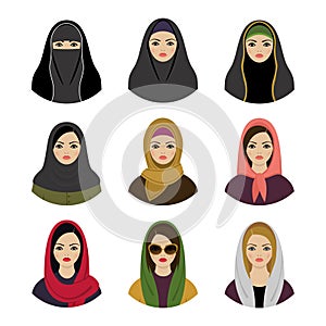Muslim girls avatars set. Asian muslim traditional hijab collect