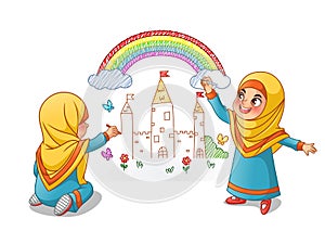 Muslim Girls Draw Palace with Rainbow On The Wall