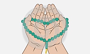Muslim hands holding prayer beads for dhikr and and pray to god. Vector illustration photo