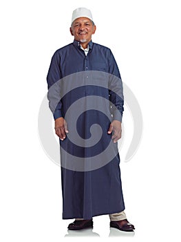 Muslim, happy man and studio portrait of islamic culture isolated on white background of religion, arabic clothes or