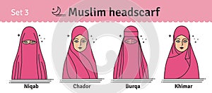 Muslim headwear guide. The set of different types of women headscarves. Vector icon colorful illustration. Set 3.