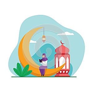 Muslim hijab girl sitting on the crescent moon object while reading holy book quran to fill ramadan activity vector flat