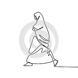 Muslim hijab girl walking one continuous line drawing wearing burka