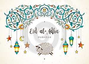 Muslim holiday Eid al-Adha card. Happy sacrifice celebration.