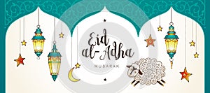 Muslim holiday Eid al-Adha card. Happy sacrifice celebration.