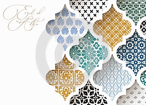 Muslim holiday Eid al Adha greeting card. Close-up of colorful ornamental arabic tiles, patterns through white mosque