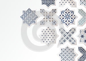 Muslim holiday Eid al Adha greeting card. Close-up of colorful ornamental arabic tiles, patterns through white mosque