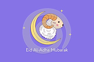 Muslim holiday Eid al Adha Mubarak. Feast of the Sacrifice, composition with cute Sheep, Crescent and Stars