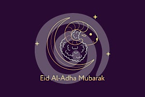 Muslim holiday Eid al Adha Mubarak. Feast of the Sacrifice, composition with golden Sheep, Crescent and Stars